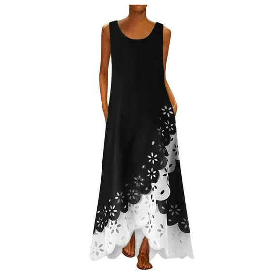 KkSLirnhs Summer Dresses for Women under $10 Free Shipping Women Sleeveless Print Round Neck Long Maxi Dress Beach Shirt Dress White L