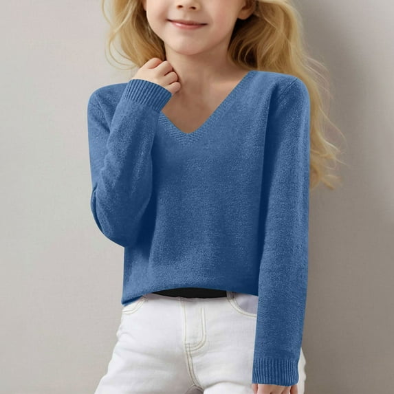 KkSLirnhs Sweaters for Girls Size 8 Long Sleeve Shirts for Girls Fall Solid Color V Neck Pullover Long Sleeve Knit Sweater 14-15Years Blue