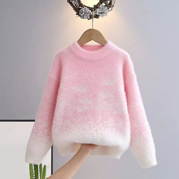 KkSLirnhs Sweaters for Girls Size 8 Long Sleeve Shirts for Girls Little Girls Fashion Cute Gradient Long Sleeved Warm Round Neck Sweater 4 Years Pink