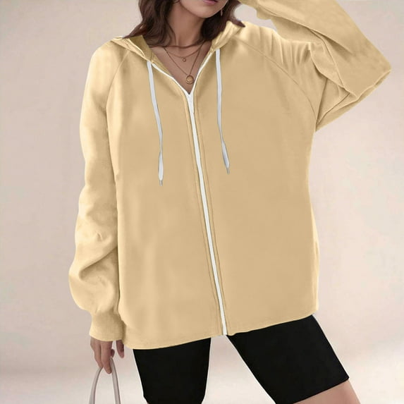 KkSLirnhs Sweatshirts for Women Plus Size Women's Solid Color Srawstring Long Sleeved Zipper Fashionable Top Hooded Sweatshirts Coat Blouse S Beige