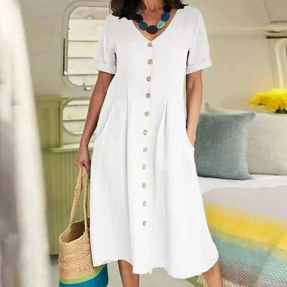 KkSLirnhs White Dresses for Women Plus Size Dresses 4X Fashion Women Summer Casual V-Neck Solid Short Sleeve Button Pocket Cotton Linen Dress White XXXL
