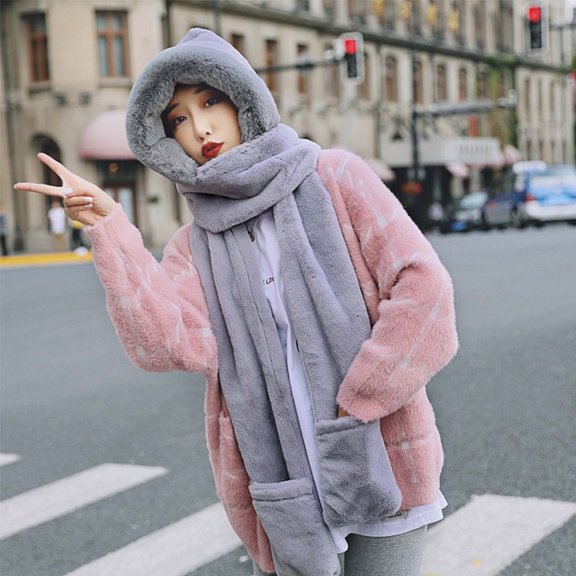 KkSLirnhs Winter Hats for Women With Scarf on Clearance Winter Hat Children's Cold Proof Hooded Scarf Gloves Three Piece Ear Protection Scarf Gray One Size