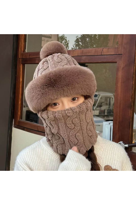 KkSLirnhs Winter Hats for Women With Scarf Womens Solid Color Plush Thick Scarf Mask with integrated Ear Protection Thick and Warm Headband Cap Brown One Size