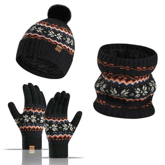 KkSLirnhs Winter Hats and Gloves for Women Set Winter New Thickened Warm Women's Snowflake Hat Gloves Scarf Three-piece Set Black One Size