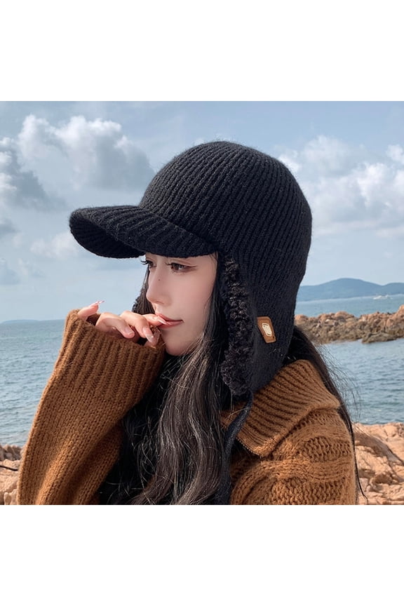 KkSLirnhs Winter Hats for Women Brim Winter Hats for Women with Ear Flaps Women Warm and Winter Knitted Wool Ear Protection Hat Black One Size