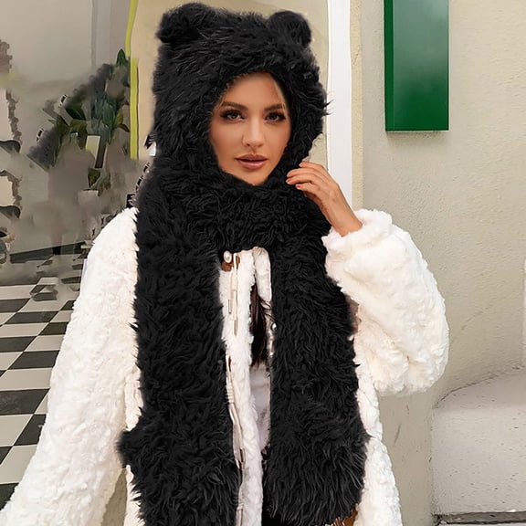 KkSLirnhs Winter Hats for Women With Scarf on Clearance Women Cute Thick Hat Faux Furry Protectors Warm Hat Scarf Gloves Set Black One Size