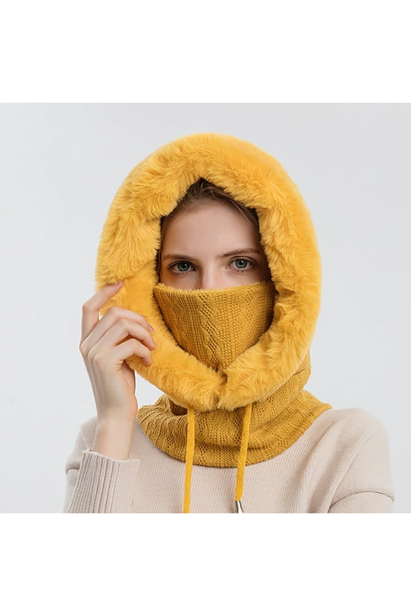 KkSLirnhs Winter Hats for Women with Ear Flaps Fashion Women Casual Scarf Pullover Cap Windproof Warm Face Mask Weave Hat Yellow One Size
