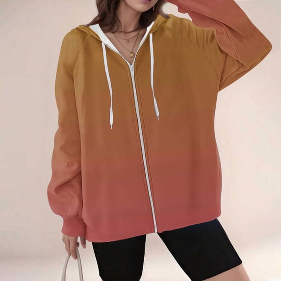 KkSLirnhs Women's Gradient Color Drawstring Long Sleeved Zipper Fashionable Top Hooded Sweatshirts Pockets Coat Blouse Plus Size Extra Long S Orange