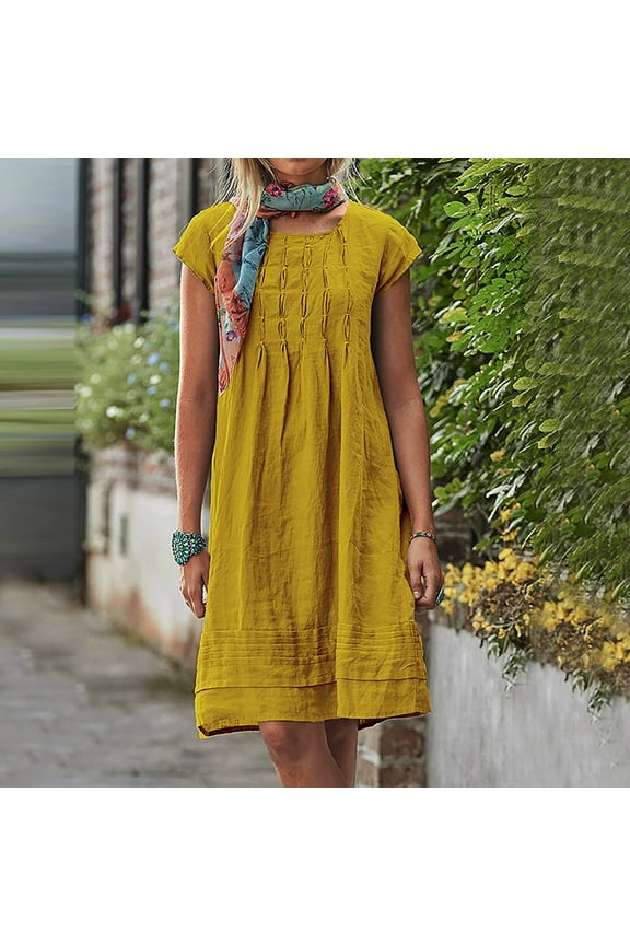 KkSLirnhs Womens Dresses under $10.00 On Women's Fashion Cotton and Linen CrewNeck Loose Short Sleeve Solid Mini Dress Yellow XXXXL