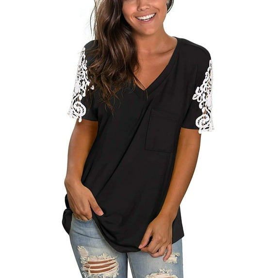 KkSLirnhs Womens Shirts Plus Size 5x Women's Lace Short Sleeve V-Neck T-Shirt Loose Casual Summer Tee Tops Black S