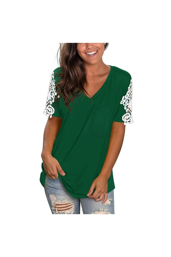 KkSLirnhs Womens Shirts Plus Size 5x Women's Lace Short Sleeve V-Neck T-Shirt Loose Casual Summer Tee Tops Green M