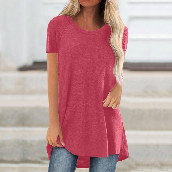 KkSLirnhs Womens Shirts Plus Size 5x Women's Summer Solid Round Neck Loose Short Sleeve Tops T-shirt Blouse Pink XXL