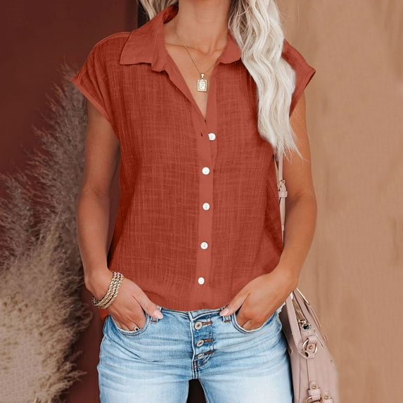KkSLirnhs Womens Shirts Short Sleeve Button Up Women's Tops Fashion Solid Button Shirt Female V-Neck Loose T-shirt Blouse Orange M