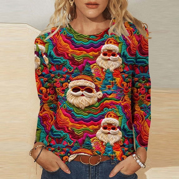 KkSLirnhs Womens Tops under $10 Christmas Women's Trendy Tees Casual Round Neck Loose T Shirt Long Sleeve Christmas Print Shirt XXL Multicolor
