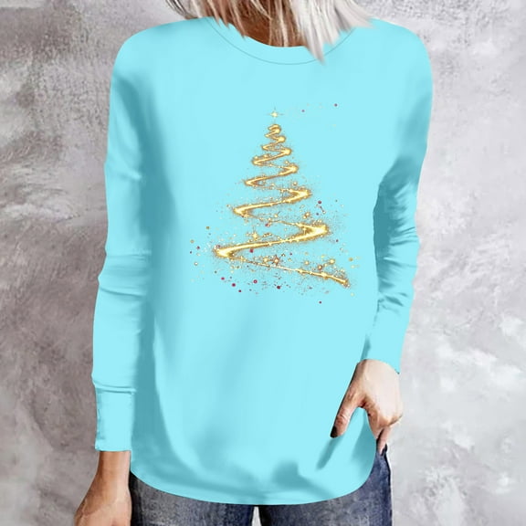 KkSLirnhs Womens Tops under $10 Ladies Trendy Casual Christmas Print Round Neck Loose Long Sleeve Top XXL Blue