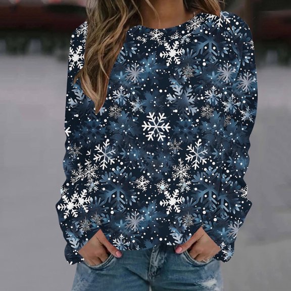 KkSLirnhs Womens Tops under $10 Ladies' Trendy Christmas Printed Hooded Raglan Long Sleeved Round Neck Top XXXL Blue