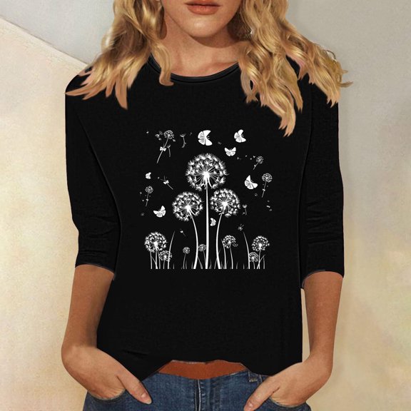 KkSLirnhs Womens Tops under $10 Trendy Women's Pullover Printed Casual Round Neck 3/4 Sleeve L Black