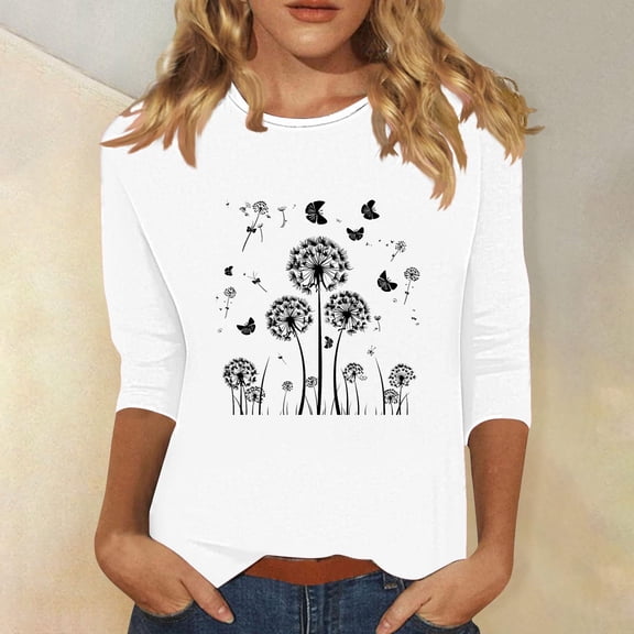 KkSLirnhs Womens Tops under $10 Trendy Women's Pullover Printed Casual Round Neck 3/4 Sleeve M White