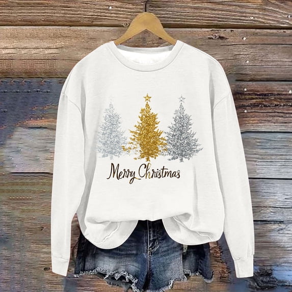 KkSLirnhs Womens Tops under $10 Women's Trendy Casual Printed Long Sleeve Round Neck Hoodless Sweatshirt M White