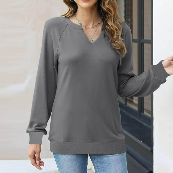KkSLirnhs Workout Tops Going Out Tops for Women Plus Size Womens Solid Color Casual Long Sleeve V Neck Sweatshirts Loose Pullover Tops T Shirts Blouse XXL Gray