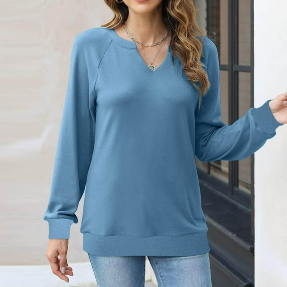 KkSLirnhs Workout Tops Going Out Tops for Women Plus Size Womens Solid Color Casual Long Sleeve V Neck Sweatshirts Loose Pullover Tops T Shirts Blouse XXXL Blue