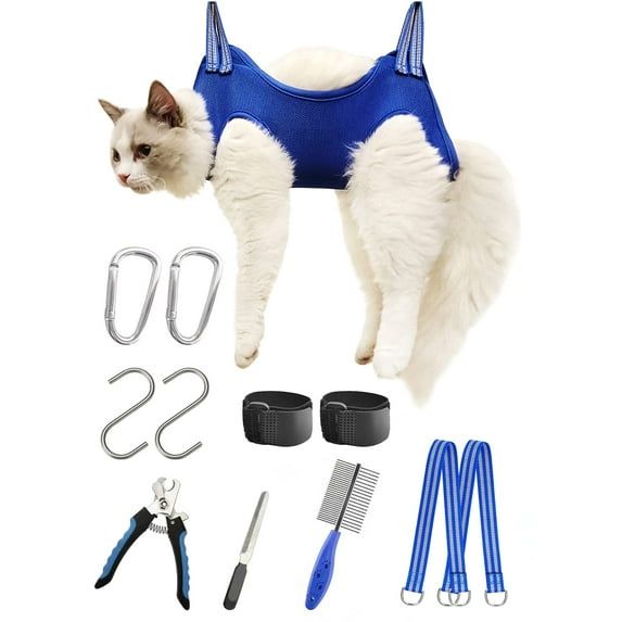 Kkiimatt 10 in 1 Pet Grooming Hammock Harness with Nail Clippers/Trimmer, Cat&Dog Nail Clipper Hammock, Cat&Dog Grooming Sling for Small Animals Nail Trimming/Clipping (XXS/Under 10lb Blue)