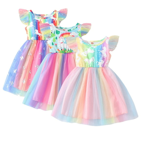 Kkkded 18M-6T Kids Toddler Summer Dresses for Girls,Little Girls Short Sleeve Mesh a Line Dress Baby Dress Skirt Tutu Dress Casual Rainbow Printing Birthday Dress