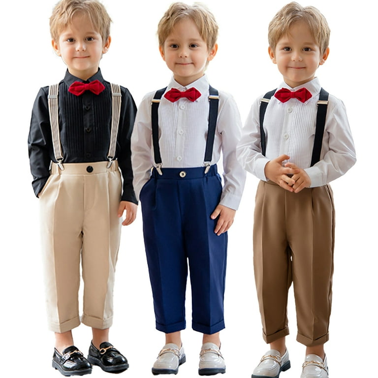 Kkkded Baby Boys Suit Set Formal Dress Shirt with Bow Tie Suspender and Pants Kids Boys Gentleman Clothes Spring Summer 4pcs Outfit for 1 11 Years