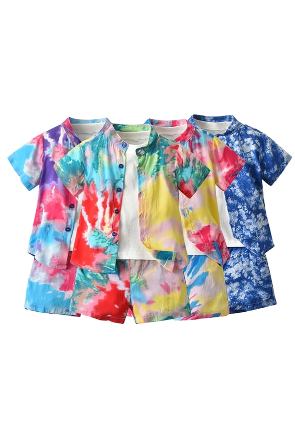 Baby Kids Boys Summer T-Shirt Shirt Shorts 3Pcs Outfit 1-6Y Suit Clothe Toddler Short Sleeve Print Shirt +short Sleeve T-Shirt + Rint Shorts Outfits Hawaiian Set