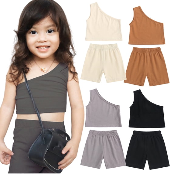 Kkkded Baby Toddler Girls 2Pcs Vest Outfit Clothes Sets 9M-4Years Infant One-Shoulder Halter Vest Top + Shorts Pants Soft Casual Fashion Clothes Set Kids 2PCS Summer Outfit