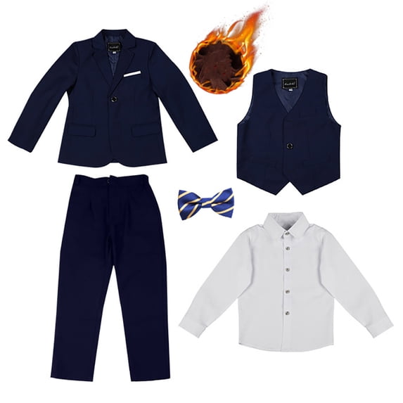 Kkkded Boys 5PCS Formal Gentleman Suits Outfit for Kids Youth Fall Winter Fleece Suit Jacket and Vest and Dress Shirts with Bowtie and Pants Performance Dresswear Suit Set Size 5-16T
