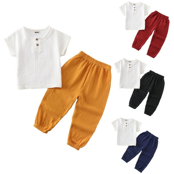 Kkkded Boys Girls Solid Color Cotton Linen Pants Two-Piece Set for Kids Baby Spring Summer Short-Sleeved Solid Colour Tops Set 12 Months - 8 Years