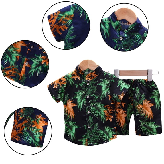 Kkkded Boys Hawaiian Outfits for Toddler Kids Baby Fashion Summer Floral Blouse Two-Piece Set Short-Sleeved Printed Shirt Top + Printed Shorts Set for 1-4Years