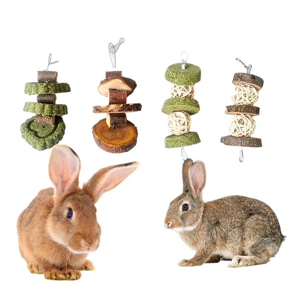 Kkkded Bunny Teeth Grinding Chew Toys, Rabbit Cage Hanging Chew Toys, All Natural Materials for Guinea Pigs, Hamsters, Rabbits and Rats 4Pcs