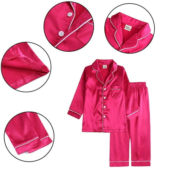 Kkkded Kids Satin Pajamas Set Teen Boys Girls Pjs Unisex Nightwear Silk 2 Piece Sleepwear Button-Down Long Sleeve Nightwear for 9M-13T