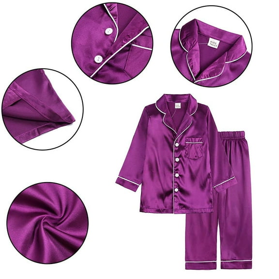 Kkkded Kids Satin Pajamas Set Teen Boys Girls Pjs Unisex Nightwear Silk 2 Piece Sleepwear Button-Down Long Sleeve Nightwear for 9M-13T