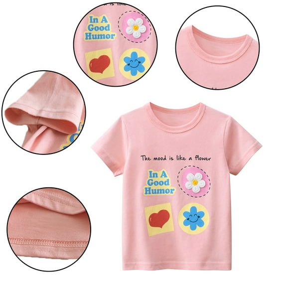 Kkkded Kids Toddler Girls Summer T-Shirt Baby Short Sleeve Tees Tops Cartoon Print Shirt Little Girls Cotton Shirts Baby Loose Soft Crewneck Tshirt for 2-8 Years