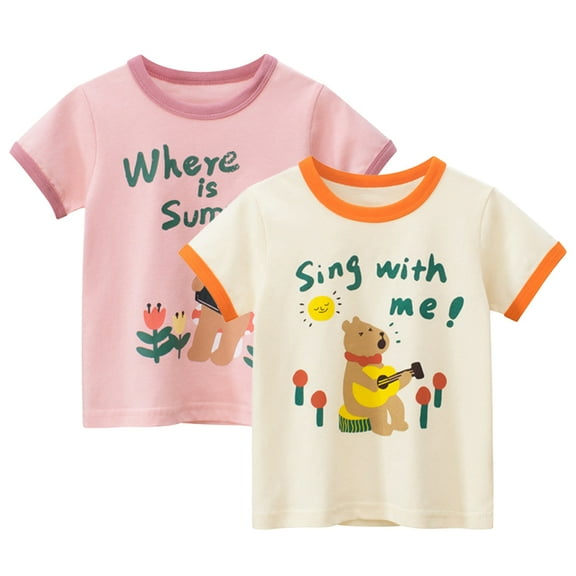 Kkkded Kids Toddler Girls Summer T-Shirt Little Girls Cotton Shirts Baby Short Sleeve Crewneck Tops Cartoon Print Tees Casual Round Neck Tshirt for 2-8 Years