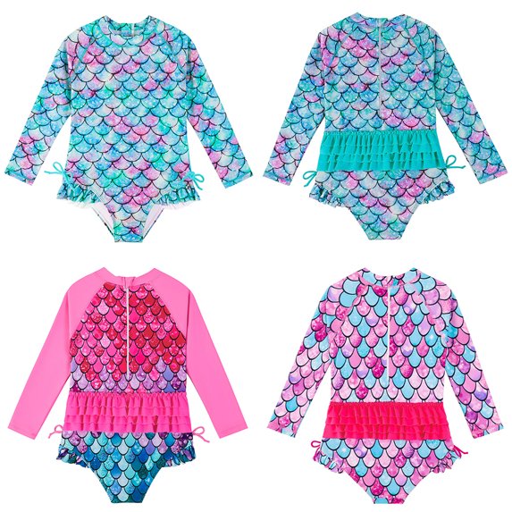 Kkkded Kids Toddler Girls Swimsuits One Piece Swimming Suit Printing Swimwear Baby Long Sleeve Swimming Suit Zipper Sport Patchwork Beach Bathing Suits Swimwear for 1-5Y