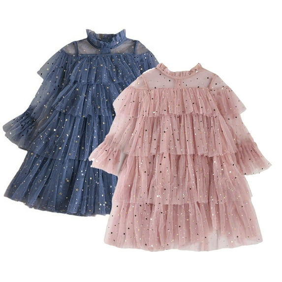 Kkkded Toddler Kids Girls Summer Dresses 2T-8T Little a Line Dress Baby Long-Sleeve Dress Cute Dots Mesh Puff Ruffle Hem Sequin Dress