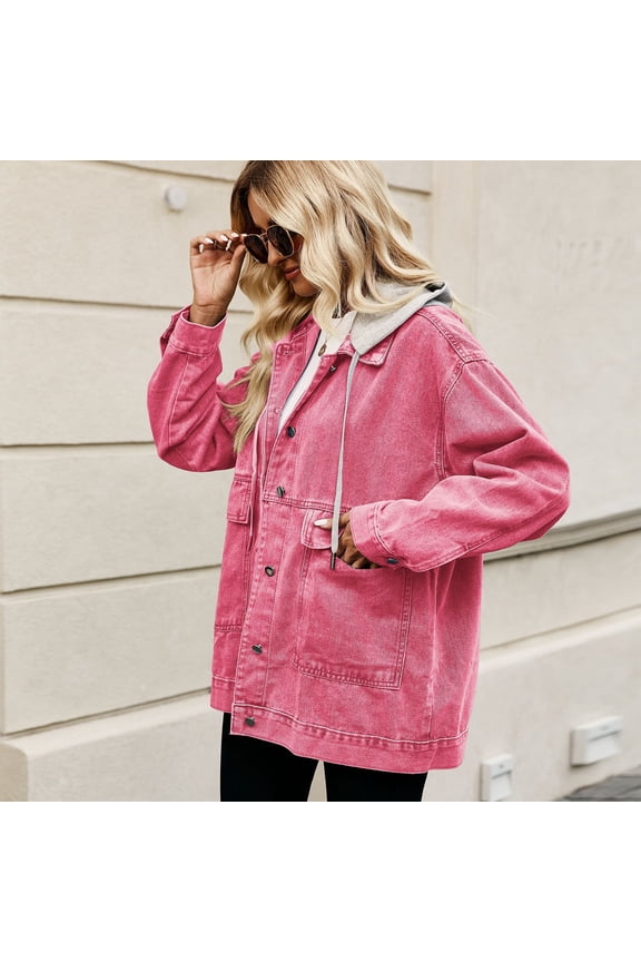 Women Jean Jacket Hoodid Denim Coats Hooded Cardigan Hoodie Solid Color Outerwear with Pocket for Women