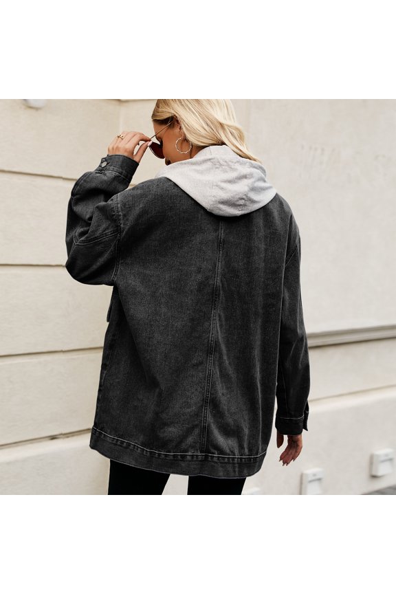 Women Jean Jacket Hoodid Denim Coats Hooded Cardigan Hoodie Solid Color Outerwear with Pocket for Women