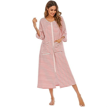 Kkkded Women Large Size Pajamas Loose Striped Sleepwear Night-Robe with Pocket for Spring and Autumn
