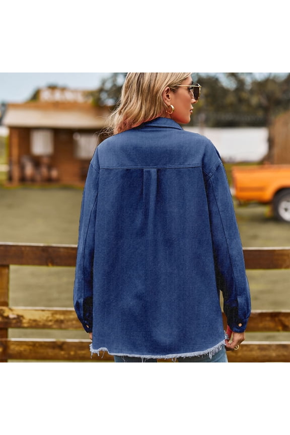 Women's Denim Outerwear Clothing Jean Jacket Decorative Pocket Long Sleeve Coat for Female