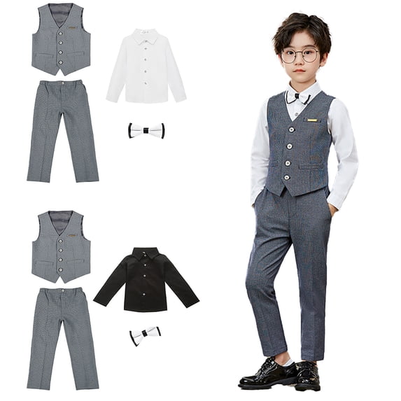 Kkkded Youth Kids 4 Piece Boys Formal Gentleman Suit Set with Vest Pants Dress Shirt and Tie Toddler Dresswear Outfit for Spring Fall 1-14 Years Old