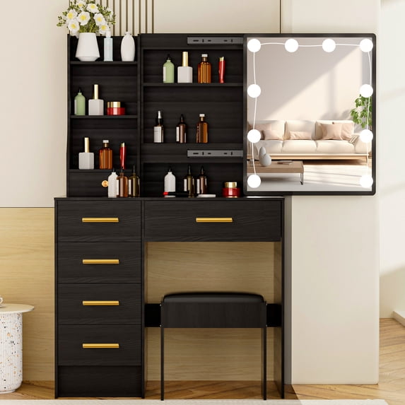 Kkonetoy Vanity Set with Chair and Desk, Makeup Table with LED Lights Sliding Mirror 5 Drawers Golden Handle, Black