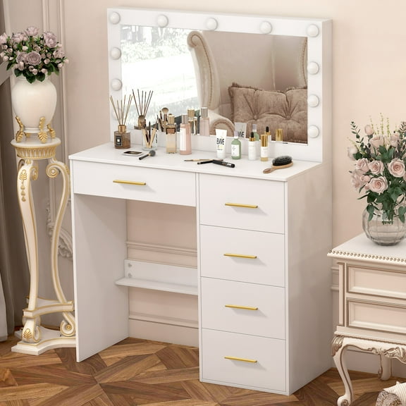 Kkonetoy Vanity Table with Large LED Lighted Mirror Makeup Dressing Desk with 5 Drawers for Women Girls Gift