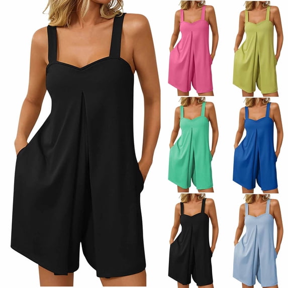 Kladzum Women's Casual Jumpsuit Sweetheart Neck Wide Strap Drape Loose Wide Leg Rompers with Multiple Pockets for Summer Outdoor Outfits S-XL