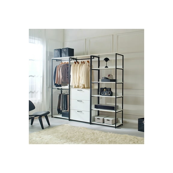 Klair Living Fiona 96 in. W White Freestanding 3 Tower System 7 -Shelf Walk in Wood Closet System with Metal Frame