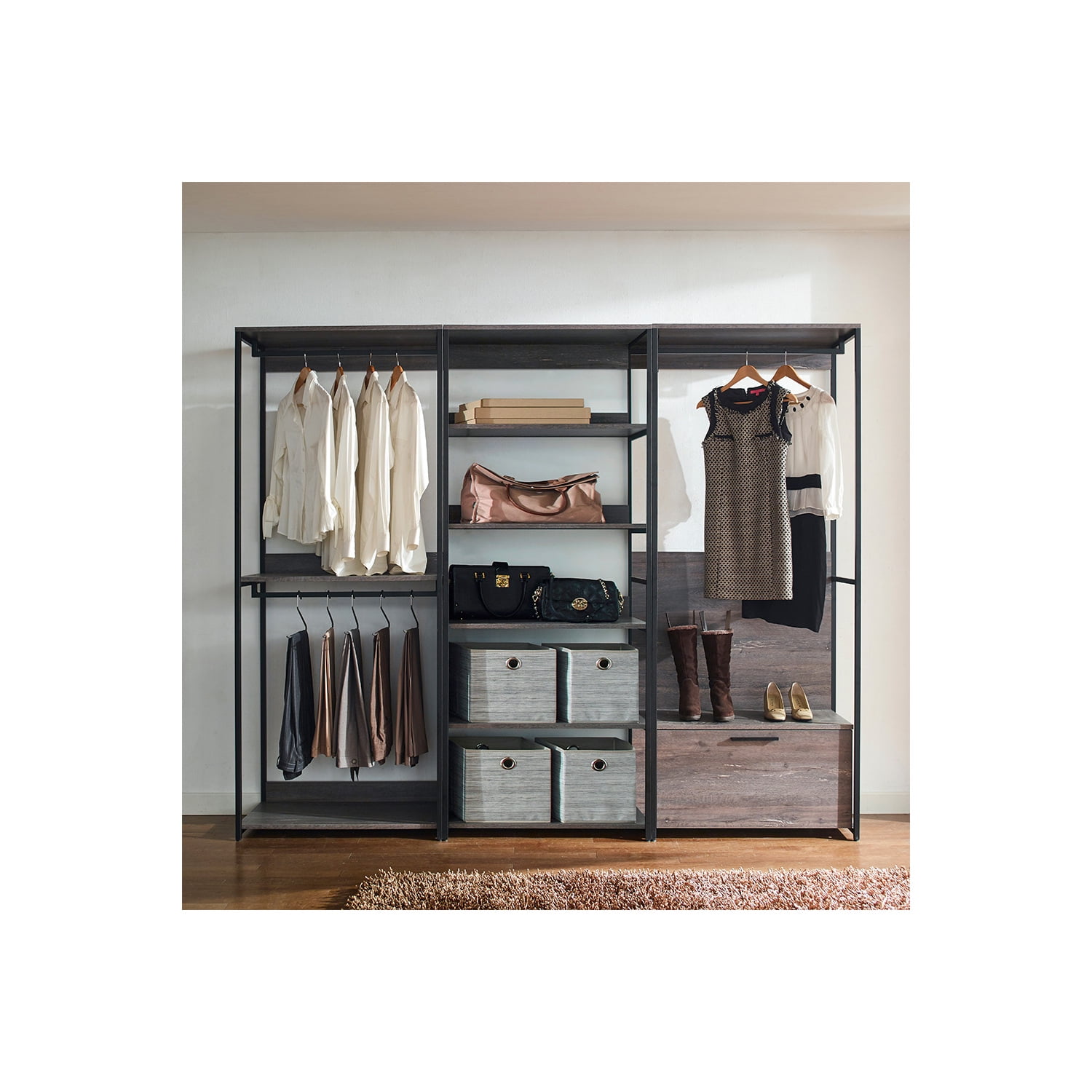 Monica Rustic Gray Wood and Black Metal Walk-In Closet System with Drawer